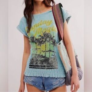 FREE PEOPLE Sadie Terry Blue Graphic Smocked Tee Size XL
